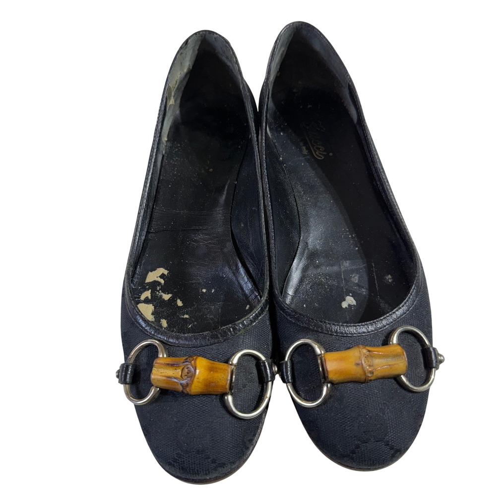 Vintage Gucci Canvas Horsebit Flats 7.5B Black Bamboo 138711 READ